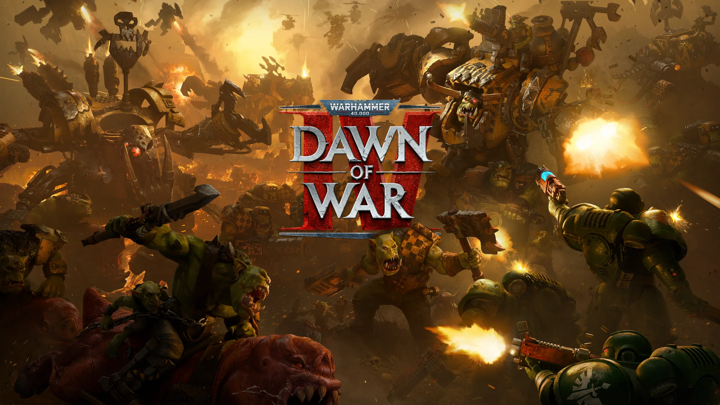 Official key art for Warhammer 40,000: Dawn of War IV, showing a firelit battle.